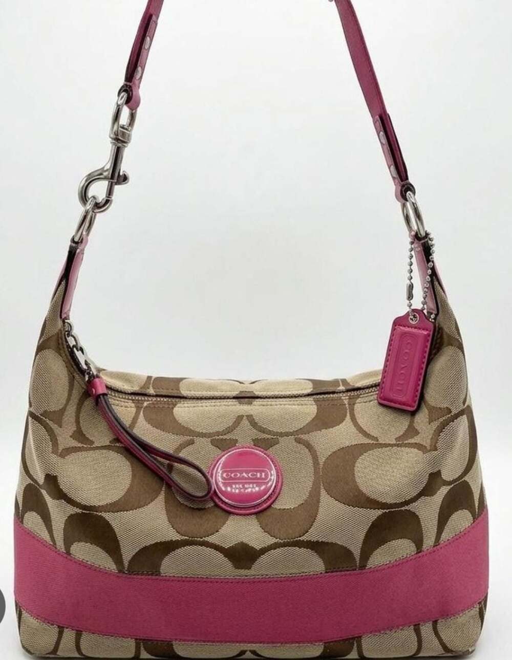 Coach Signature C Stripe Hobo Shoulder Bag F17484 Khaki Berry Pink